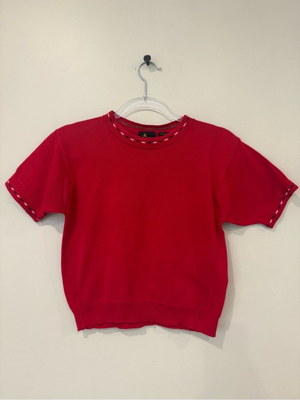 Vintage 90s Lizsport Petite Red 100% Cotton Short Sleeve Knit Sweater PP